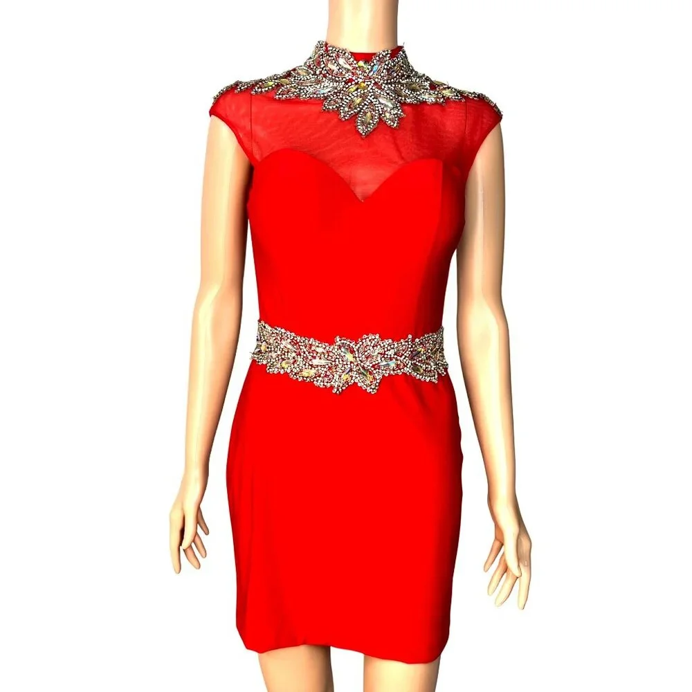 Splash Red Crystal Embellished Open Back Short Dress Sheer Top Cap Sleeves Sz 8 - Picture 1 of 6